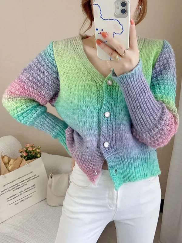 Women's Rainbow Colour Gradient Waist Length Knit Cardigan