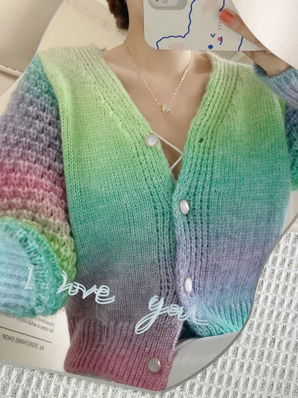 Women's Rainbow Colour Gradient Waist Length Knit Cardigan