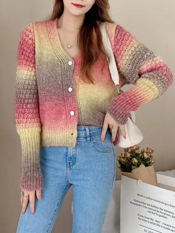 Women's Rainbow Colour Gradient Waist Length Knit Cardigan