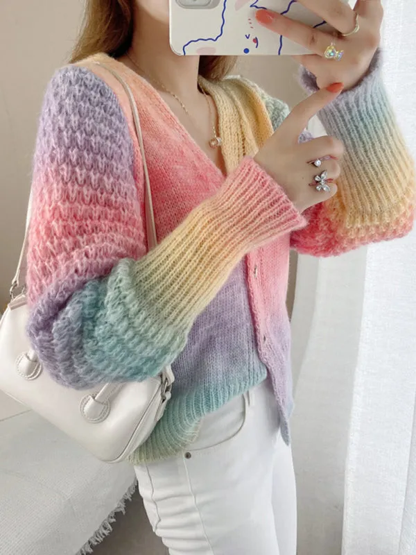 Women's Rainbow Colour Gradient Waist Length Knit Cardigan