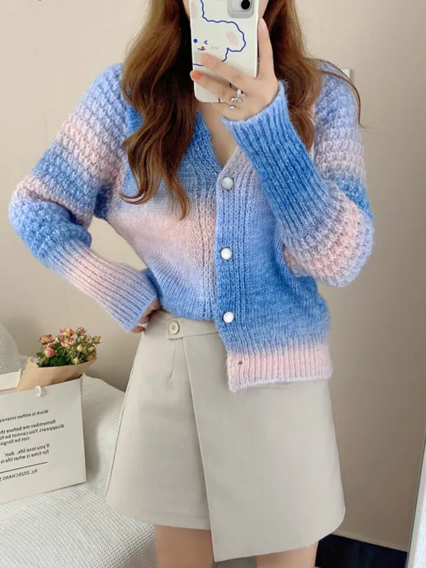 Women's Rainbow Colour Gradient Waist Length Knit Cardigan