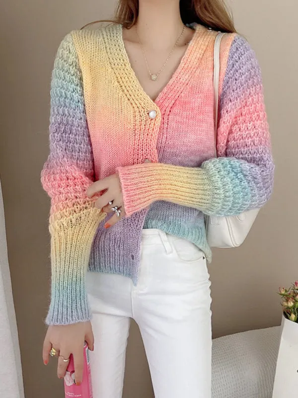 Women's Rainbow Colour Gradient Waist Length Knit Cardigan