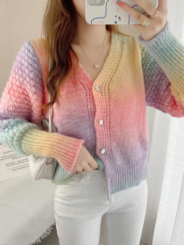 Women's Rainbow Colour Gradient Waist Length Knit Cardigan