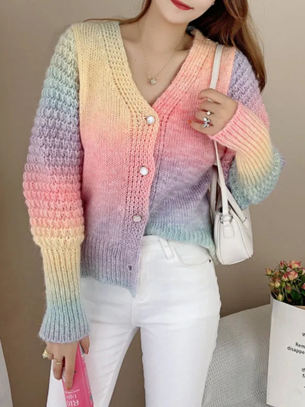 Women's Rainbow Colour Gradient Waist Length Knit Cardigan