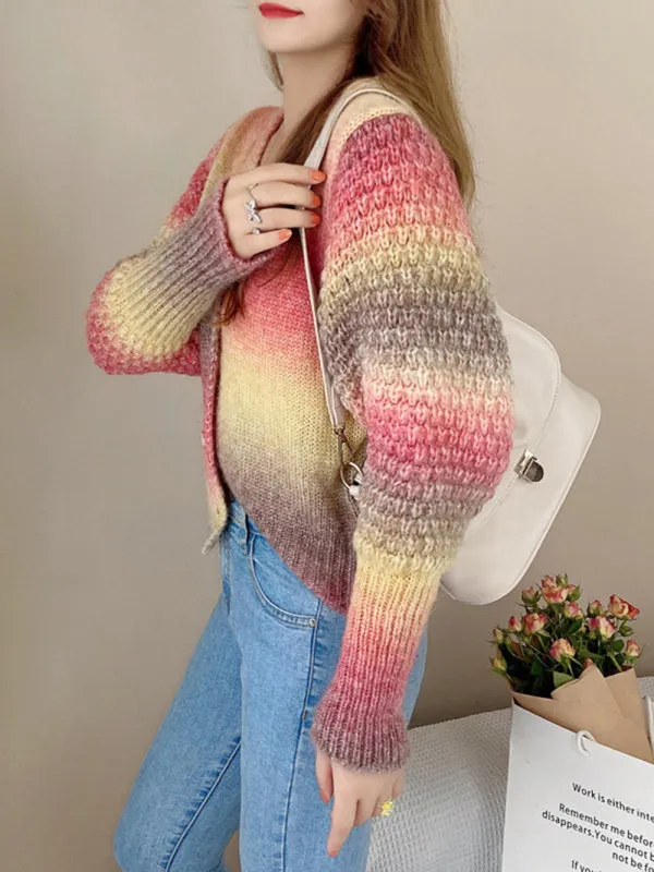 Women's Rainbow Colour Gradient Waist Length Knit Cardigan