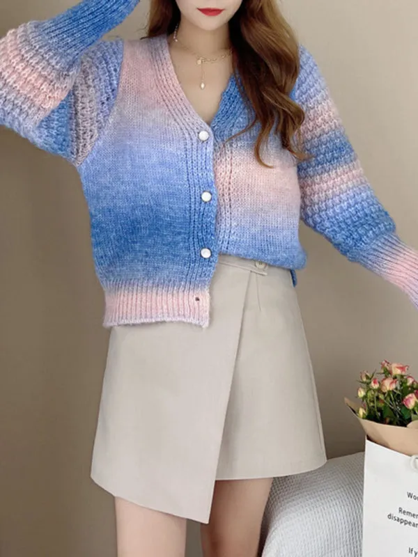 Women's Rainbow Colour Gradient Waist Length Knit Cardigan