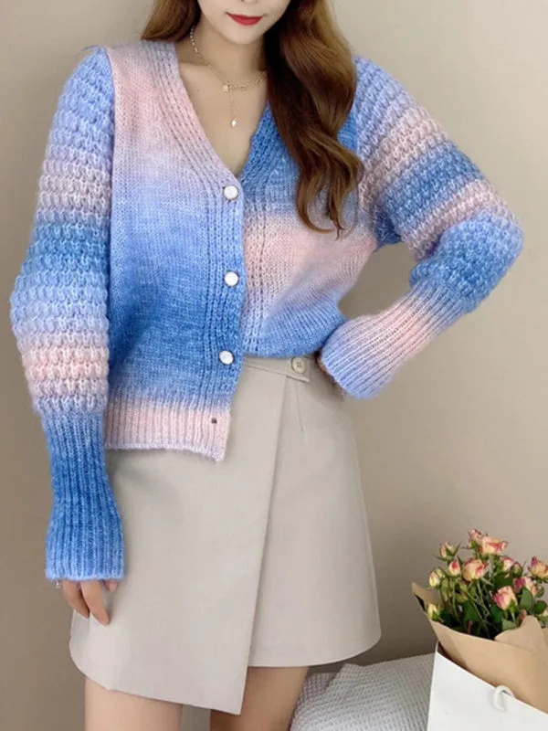 Women's Rainbow Colour Gradient Waist Length Knit Cardigan