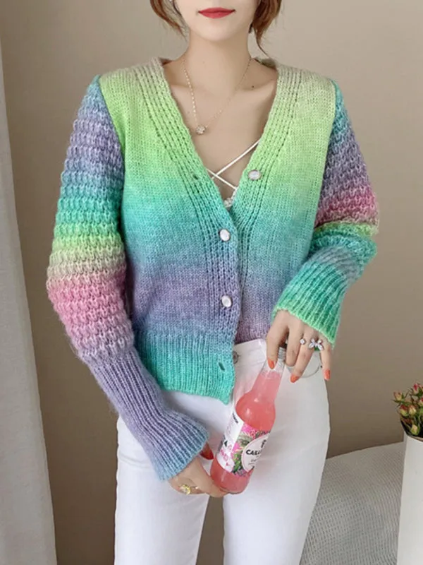 Women's Rainbow Colour Gradient Waist Length Knit Cardigan