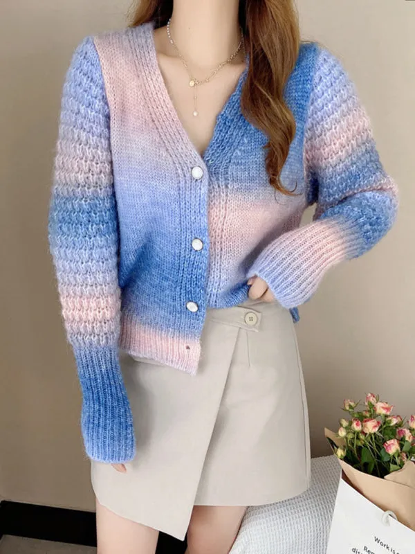 Women's Rainbow Colour Gradient Waist Length Knit Cardigan