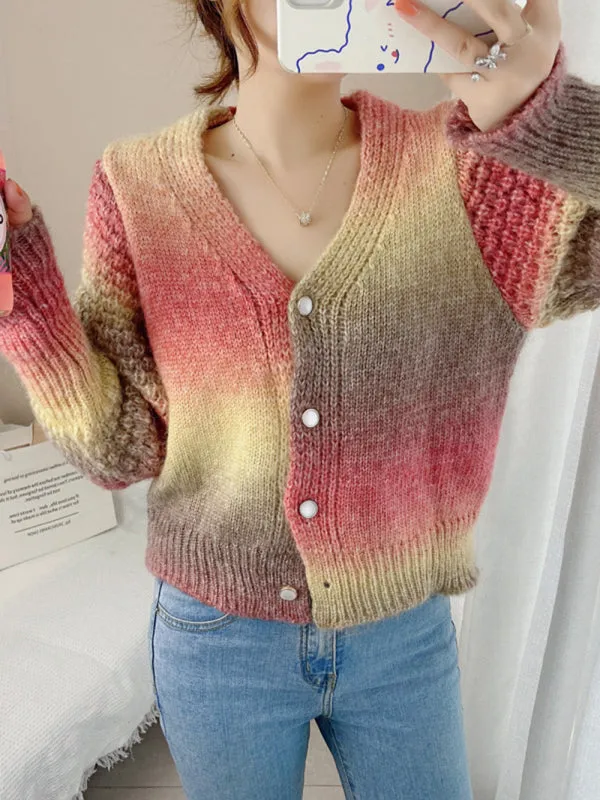 Women's Rainbow Colour Gradient Waist Length Knit Cardigan