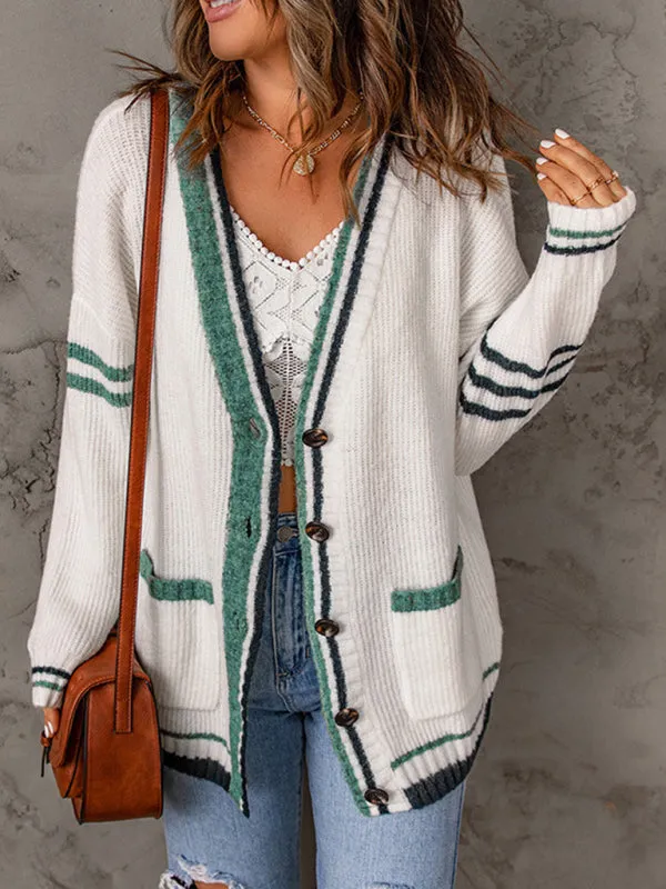 Women's Stripe Edge Cable Knit V-Neck Cardigan With Pockets