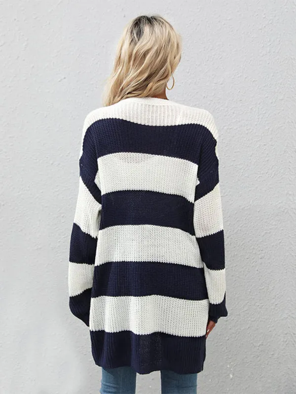 Women's Wide Striped Mid Length Open Front Cardigan