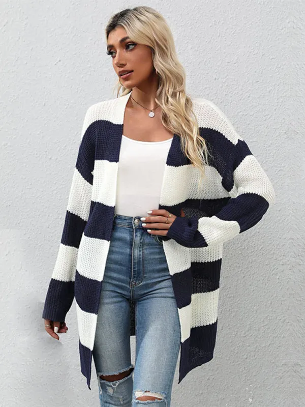 Women's Wide Striped Mid Length Open Front Cardigan